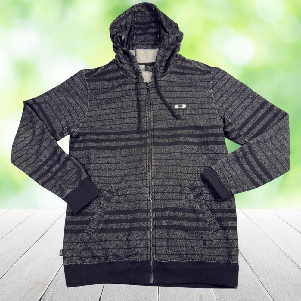 OAKLEY Full Zip Hoodie French Terry Striped Logo Pockets Black Gray Mens M